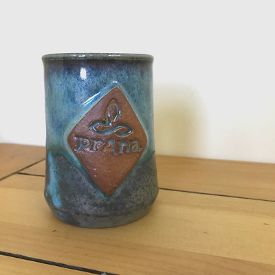 prAna Stoneware Pottery Mug Turquoise Aqua Drip Glaze 8oz Ceramic Tea Coffee Cup