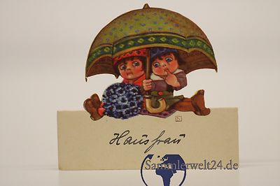  alte Platzkarte zwei kinder mit Schirm Ha vintage old reservation card um 1920