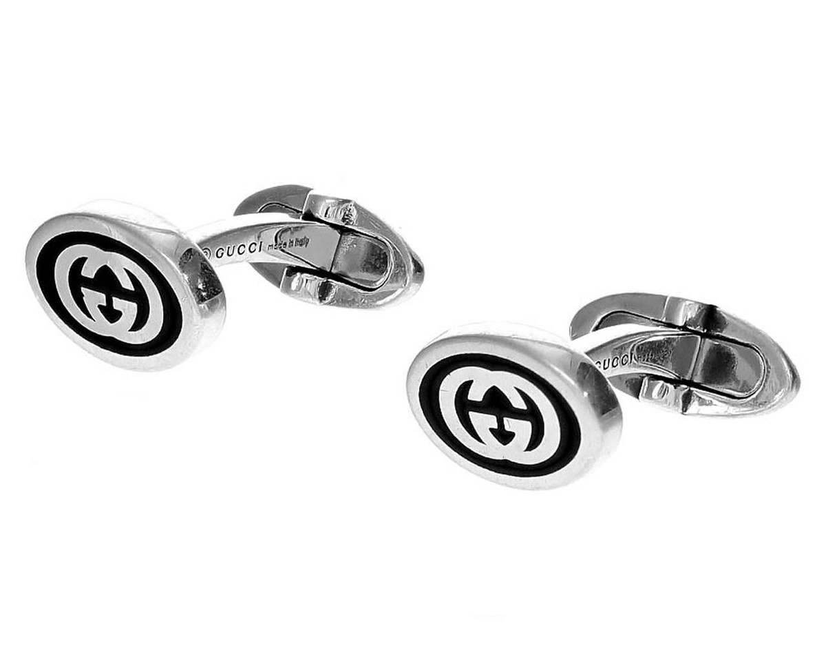 GUCCI Sterling Silver & Black Enamel Interlocking G Cufflinks