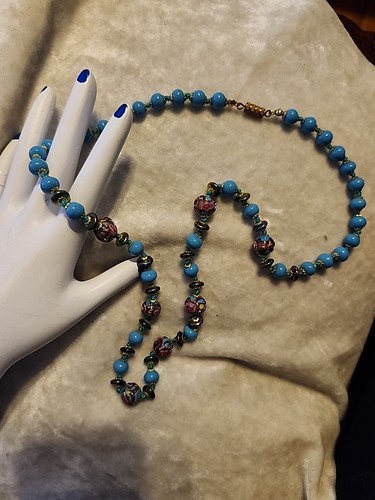 Venetian Murano Blue Turquoise Wedding Cake Beads Necklace vintage 26"