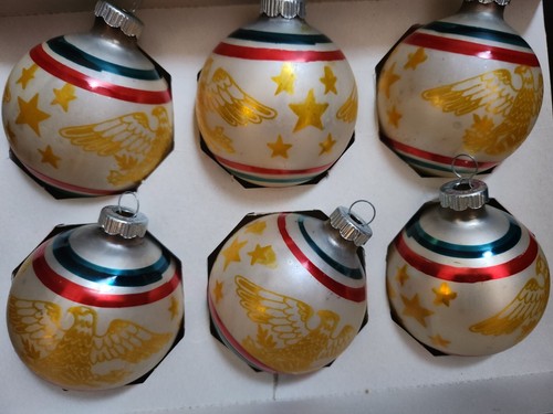 EAGLES STARS STRIPES Shiny Brite Set SIX USA Patriotic Glass Boxed ORNAMENTS
