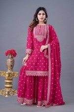 Women's Wear Hot Pink Color Heavy Chinon Silk Top with Embroidered Sharara Set