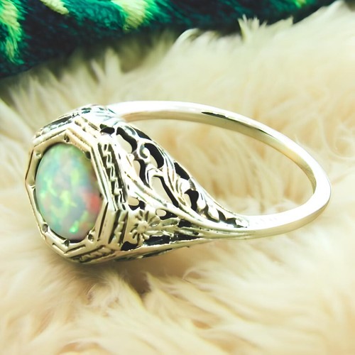 VINTAGE STYLE 925 STERLING SILVER SOLITAIRE LAB-CREATED OPAL FILIGREE RING #432 - Picture 2 of 3