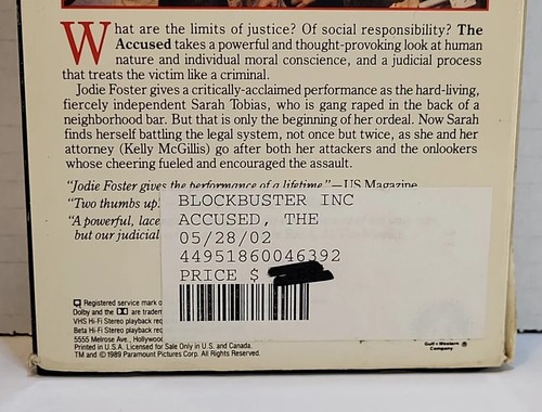 The Accused Vhs Original Thriller Release Jodi Foster. BlockBuster Rental. - Picture 3 of 10