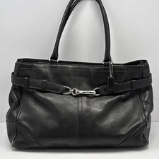 Coach Hampton Handbag Large Womens Black Leather Belted Satchel Tote E050-5A08