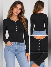 Women's Black Long-Sleeve Henley Top with Button Placket