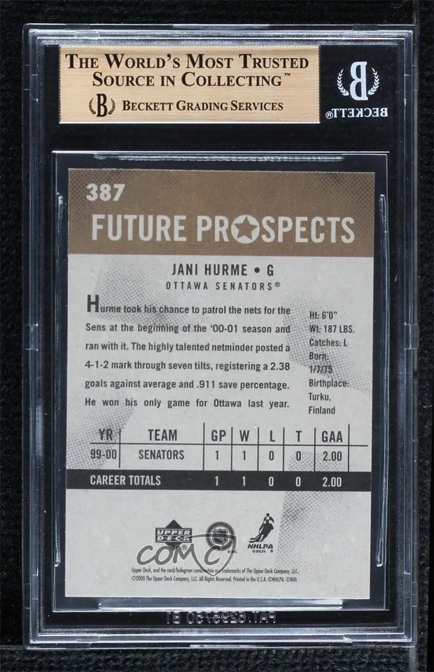 2000-01 Upper Deck Vintage Jani Hurme #387 BGS 10 PRISTINE Rookie RC - Image 2 of 2