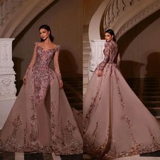 Elegant Mermaid Evening Dress With V-Neck Long Sleeves with Detachable Train