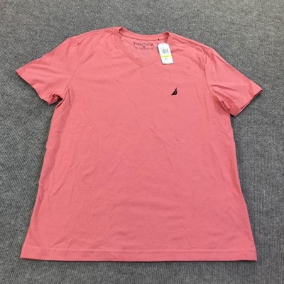 Nautica Shirt Mens Medium Pink V Neck Logo Cotton Blend Tee