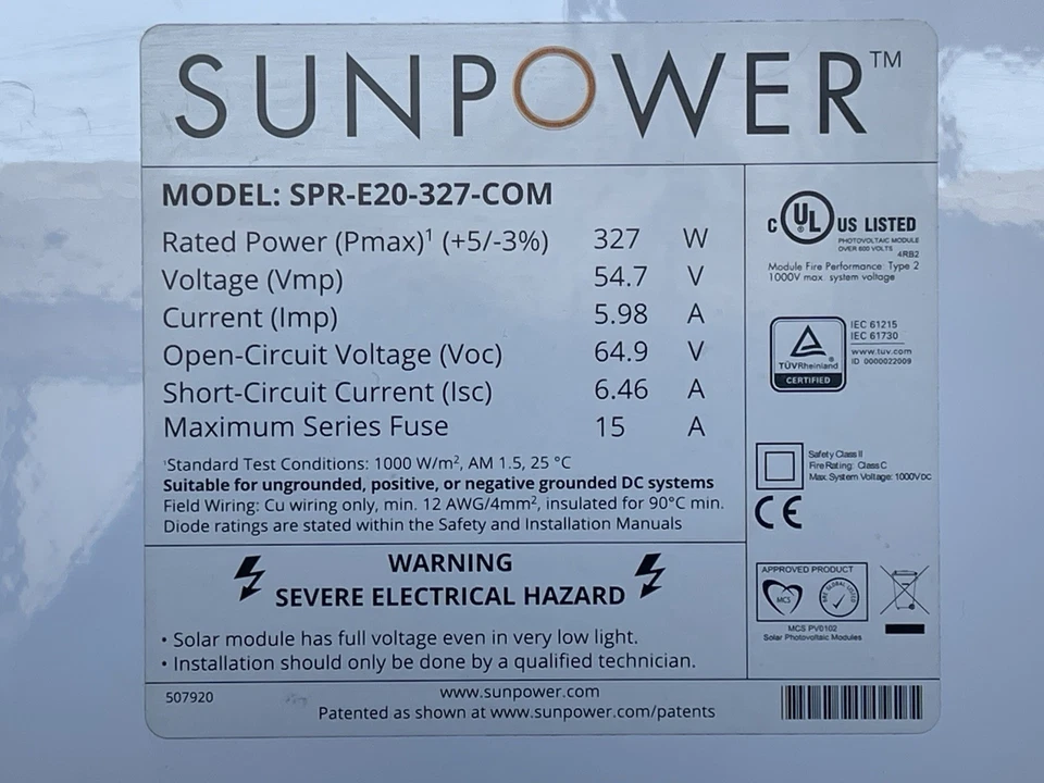 327w Sunpower Solar Panels - SPR-E20-327-COM - Image 4 of 4