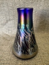 Robert Coleman Iridescent Blue Art Glass Vase Signed RC, 5" Tall