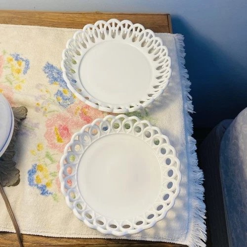 2 Antique Challinor & Taylor Milk Glass Scroll & Eye Style Decorative Bowls