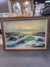 Vintage seascape  With Sunrise And breaking waves oil on canvas signed 110”/32”