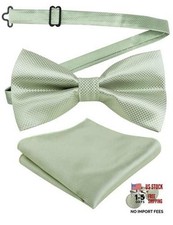 Mens Solid Color Formal Banded Bow Tie Set  Pocket Square 054-sage Green