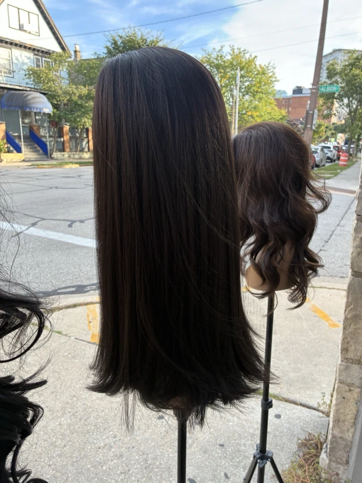 Peluca larga marrón, encaje completo a mano, cosida, mezcla de cabello humano Foto 4 de 4