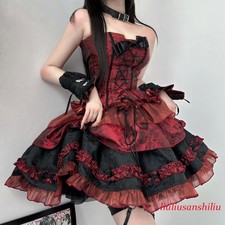 3pcs/Set Womens Lolita Gothic Dress Short Sleeves Bubble Dress Lace Flounce New