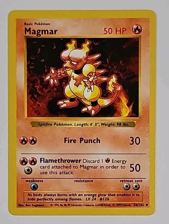 1999 Pokémon TCG Magmar Base Set Shadowless Card 36/102 NM-MT