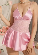 Glossy Pink Satin  Sheer Lace Babydoll Nighty Nightgown Lingerie XL NEW