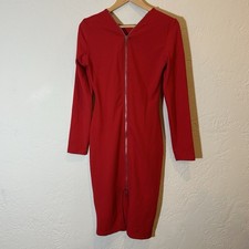 SHEIN Red Zip Front Midi Dress Long Sleeve Bodycon Date Night Valentine M