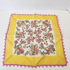 Vintage Pink Yellow Floral Cotton Handkerchief Hanky W/ Tatted Edge Spring