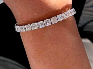 Authentic Certified Moissanite Wedding Bracelet 7 Carat Asscher Cut 14k White Gold Plated