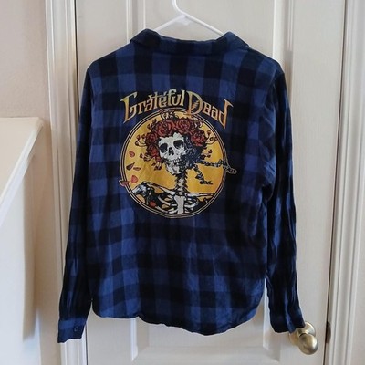 Grateful Dead ''Bertha Skull Roses'' 100% cotton plaid flannel button-down shirt