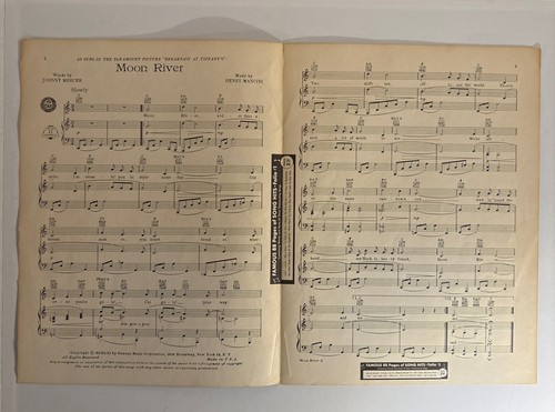 Moon River From The Movie Breakfast At Tiffany’s Piano Sheet Music Vintage 1961 - Picture 2 of 3