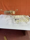 Vintage Bauer Pottery Speckled Casserole Dish Gold Metal Warming Stands Only.