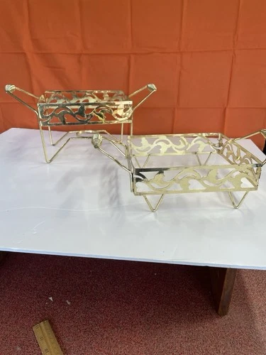 Vintage Bauer Pottery Speckled Casserole Dish Gold Metal Warming Stands Only.