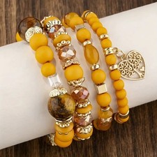4pcs/set Heart Charm Beaded Bracelet Womens Bracelet Stackable ;