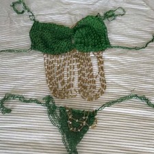 Green and Gold Belly Dancing Costume Set for Women with Gold Embellishments