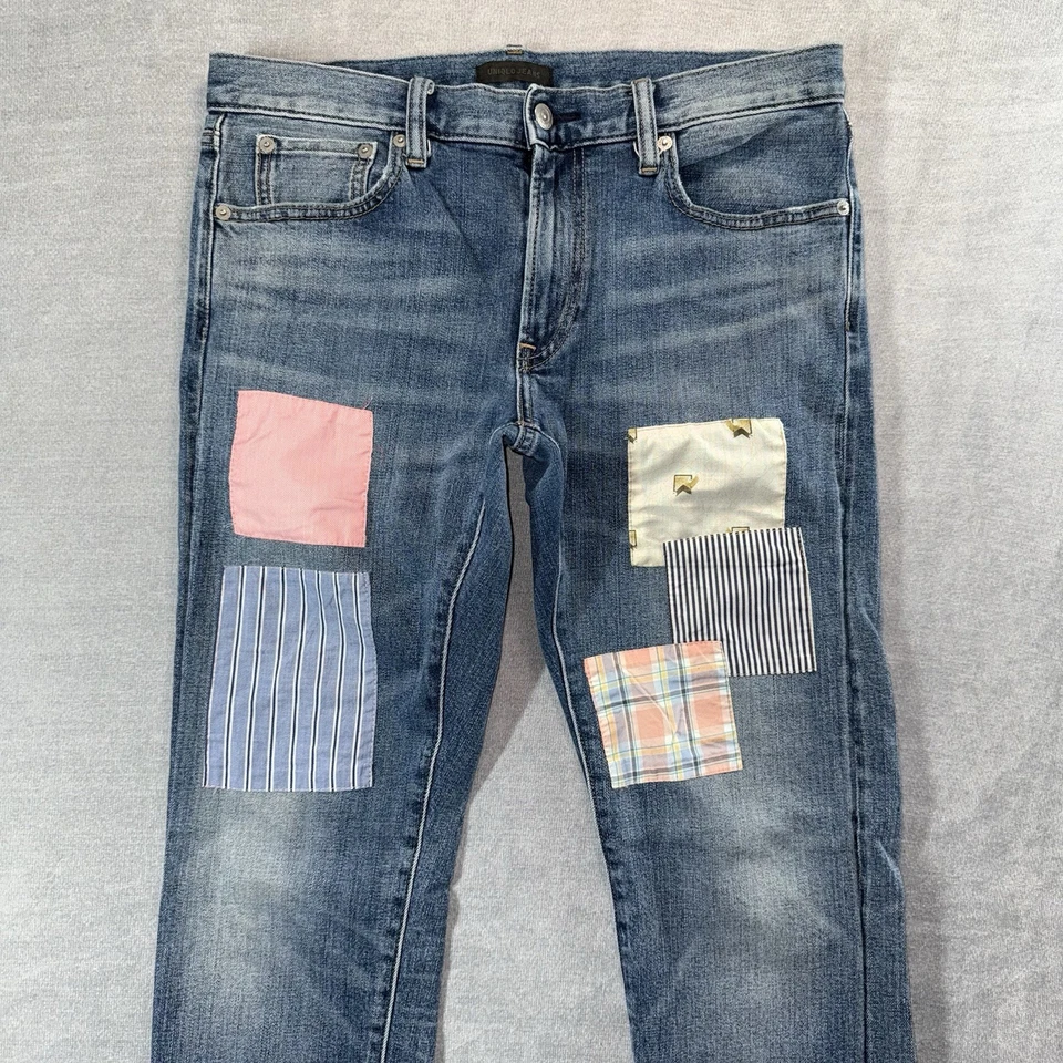 Pantalones de mezclilla con ribete Uniqlo para hombre 32x31 lavado claro recto elástico parcheado Kurt Cobain Foto 2 de 4