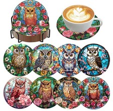 8 Pieces Owl Diamond Art Coasters Kit, Diamond Painting Coasters with Holder, O,