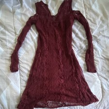 Lace Bodycon Dress Burgundy Long Sleeve V-Neck Short Solid Women's Regular