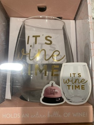 Wine Time Stemless Wine Glass Holds Entire Bottle & Ring for Refills Bell Set