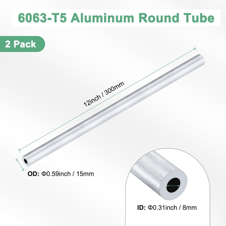 30cm Tube Rond en Aluminium 0.31"x0.59"x12" Argenté 15mm OD 8mm ID ...