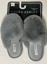Laura Ashley Grey Faux Fur Memory Foam Slide Slippers Women's Small 5-6  NWT