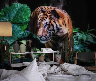 3D Tiger Green Plant Nature Self-adhesive Removable Wallpaper Murals