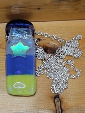 Handmade Navy Blue Yellow Fused Glass Pendant with Star by Lynn Smythe FGP13
