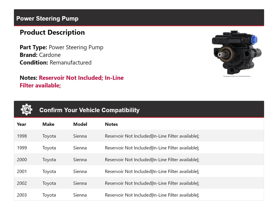 Bomba de dirección asistida Cardone para Toyota Sienna 1998-2003 1999 2000 2001 2002 Foto 2 de 4