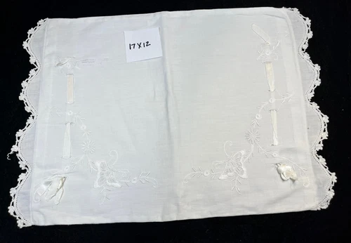Vintage White Cotton Infant Pillowcase w/ Lace & Ribbon Trim 17x12