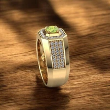 Peridot Round Cut With 925 Sterling Silver Gold Plated Ring For Men's #A174