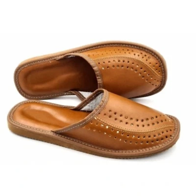 HANDMADE AUS NATUR Herren Hausschuhe Leder Echtleder Pantoffeln Latschen Schlappen Braun Gr. 40-46