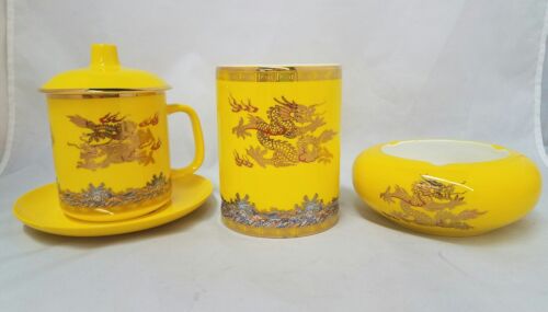 VINTAGE CHINESE YELLOW PORCELAIN FIVE CLAWS DRAGON CHASING FLAMING BALL TEA SET - Picture 1 of 10