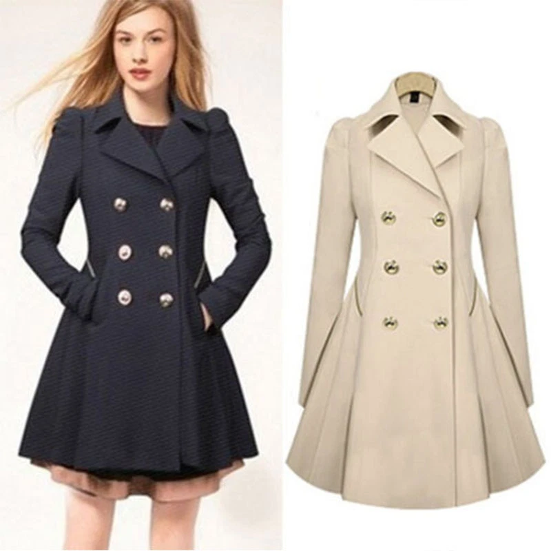 Ladies Winter Double Breasted Trench Dress Coat Lapel Jacket Fit Flare  Outwear