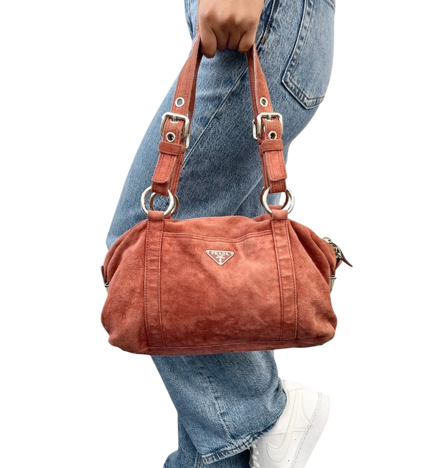 Bolso de Hombro PRADA Vintage Logo Rojo Marrón Plata Bolso de Mano Gamuza Cremallera Foto 4 de 4