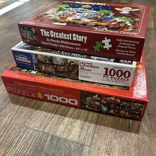3 Lot Puzzles - Christmas House & Christmas Ornaments & The Greatest Story