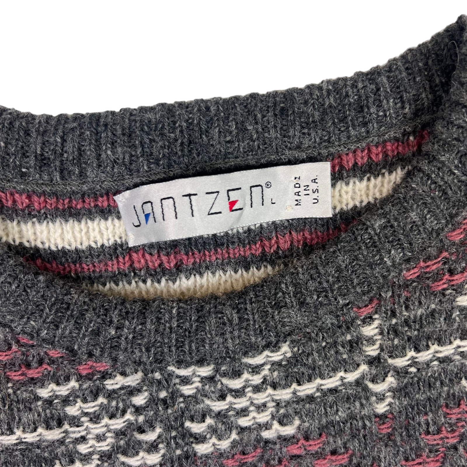Jantzen Nordic Pattern Roundneck Knit Sweater Grey Pink Cream Extra Large XL image 4