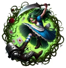 Alice Die-Cut Sticker, Red Roses, Gothic Neon Green