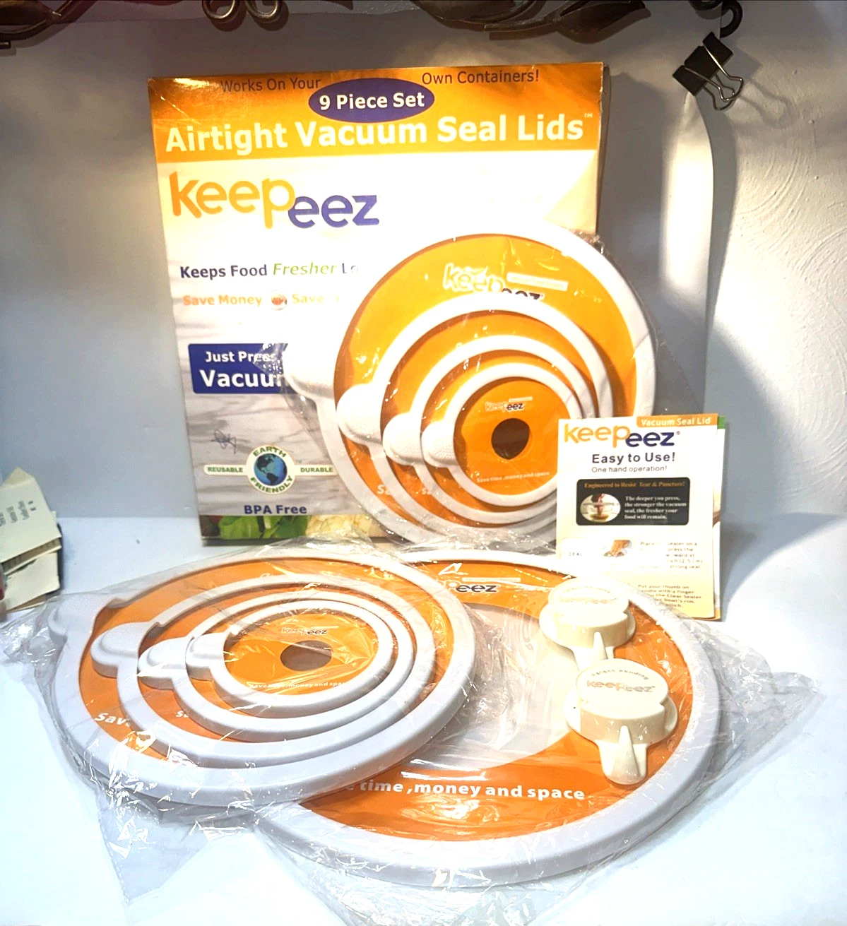 Keepeez Universal Vacuum Airtight Lids Seals Food Saver Set of 9 New Sealed Lids